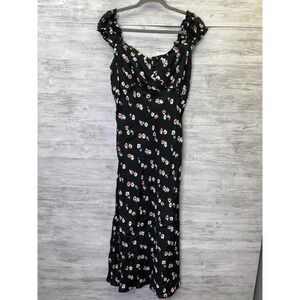 GAP Dress Womens M Black Floral Maxi Sweetheart Strappy Ruffle Button Rayon